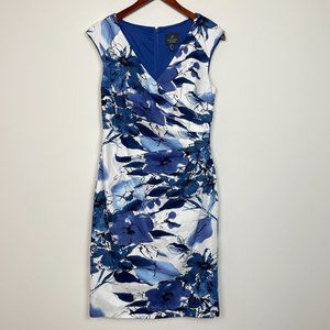Adrianna Papell Floral Sheath Knee Length Dress Blue/White